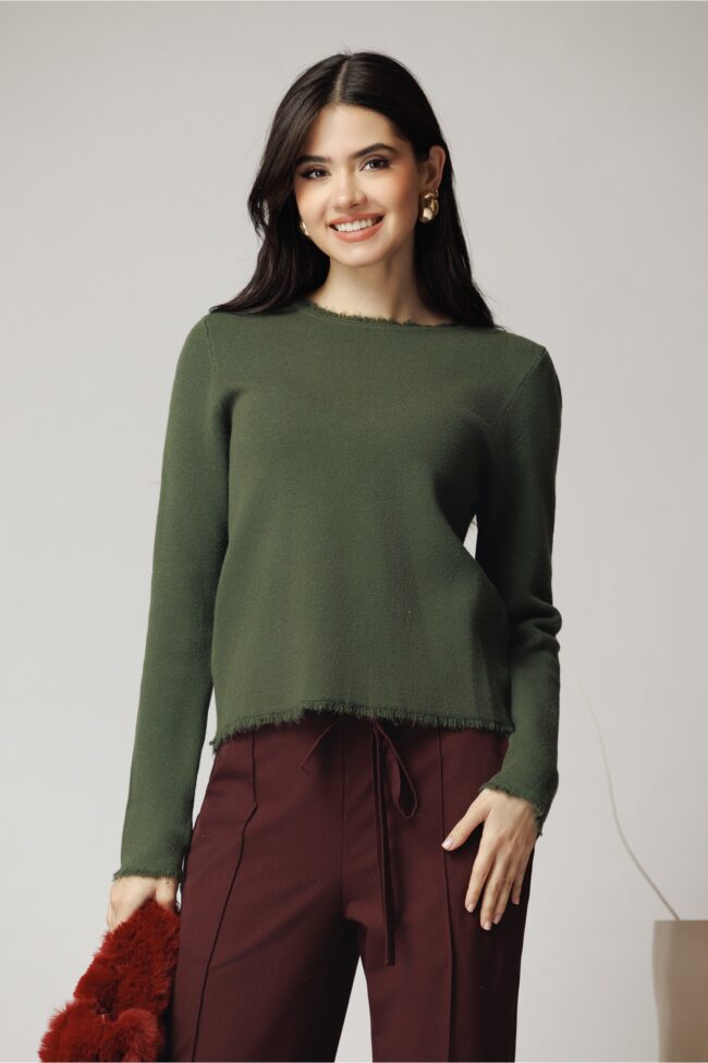 Bluza casual din tricot kaki cu franjuri