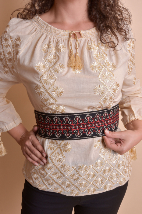 Brau traditional negru cu motiv geometric rosu Ana