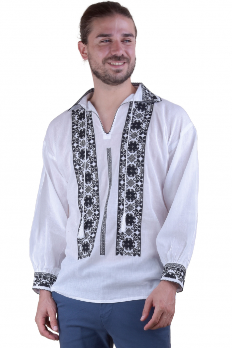 Camasa barbateasca traditionala alba cu motiv floral negru Gabriel 02