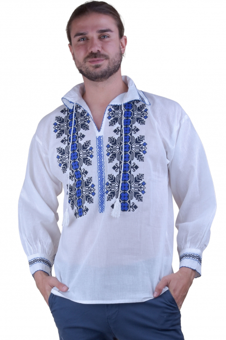 Camasa barbateasca traditionala alba cu motiv geometric albastru Alexandru 02