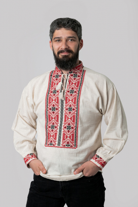 Camasa barbateasca traditionala crem cu motiv geometric rosu Paul 01