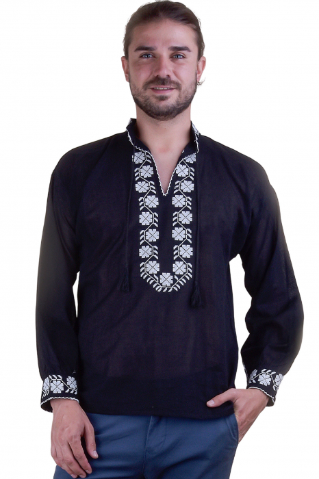 Camasa barbateasca traditionala neagra cu motiv geometric alb Andrei
