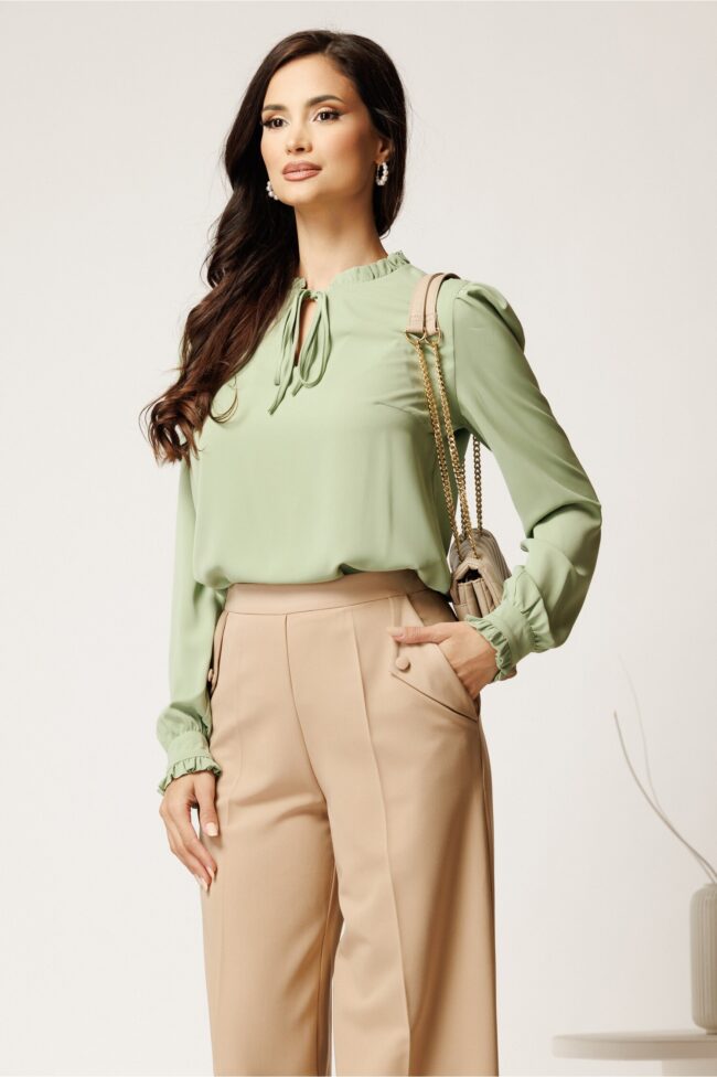 Camasa DY Fashion verde mint din voal cu guler incretit