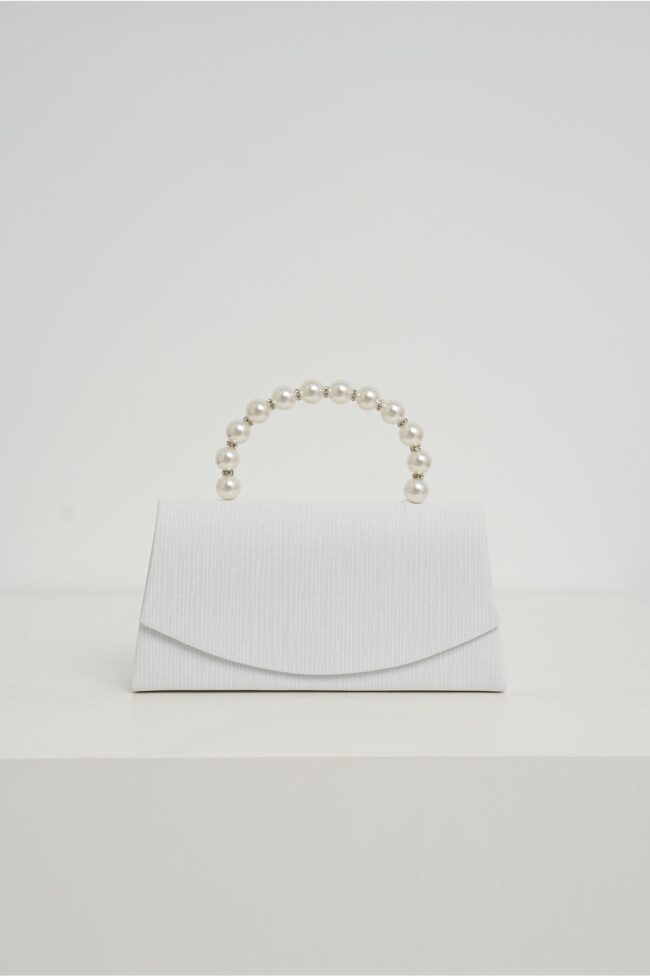 Clutch elegant alb cu glitter si maner din perle