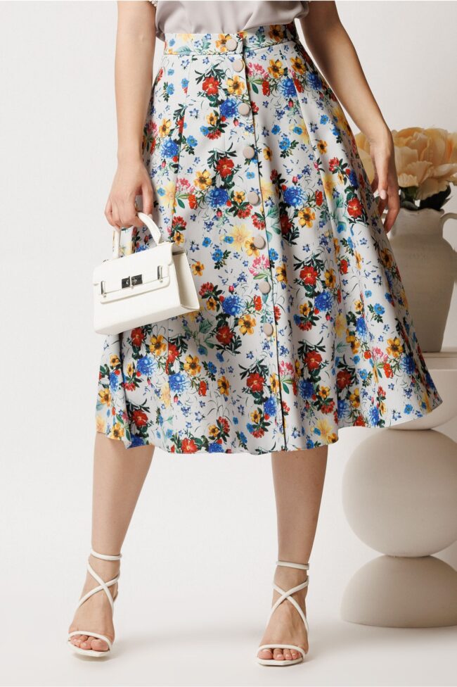 Fusta DY Fashion midi gri cu flori colorate in clos cu nasturi