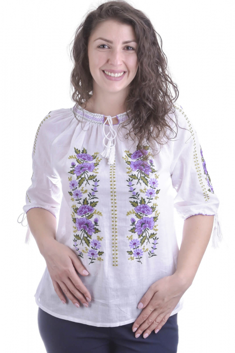 Ie traditionala alba cu motiv floral mov Florina 02 - maneca scurta