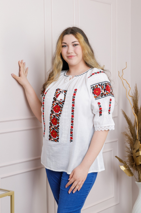 Ie traditionala alba cu motiv floral rosu Mihaela 03