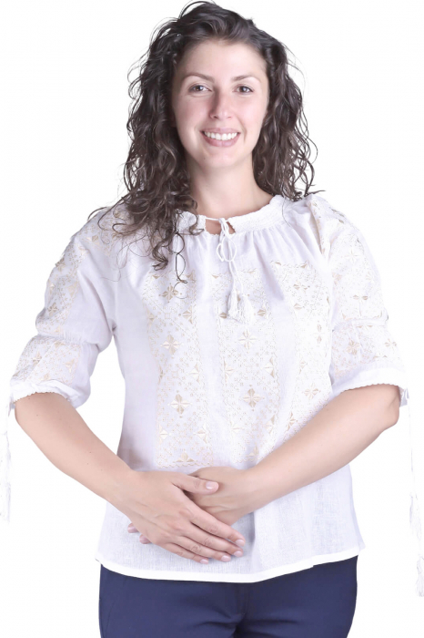 Bluza alba cu motiv geometric auriu Elvira 07