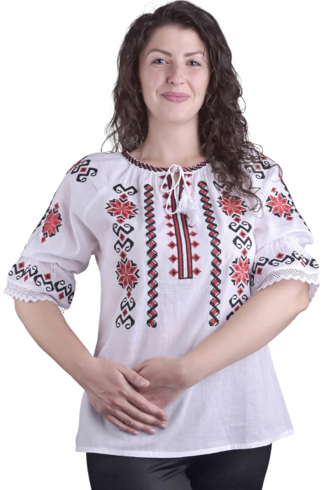 Ie traditionala alba cu motiv geometric rosu Claudia 01