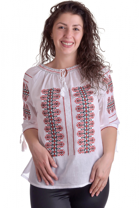 Ie traditionala alba cu motiv geometric rosu Vera 06