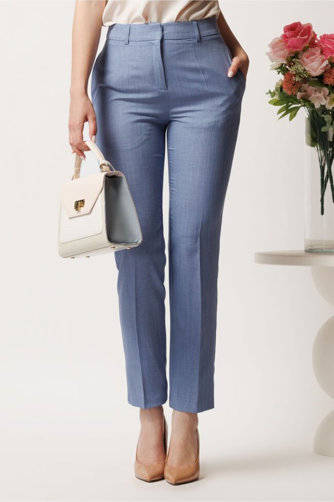 Pantaloni DY Fashion albastri din stofa conici cu dunga si buzunare