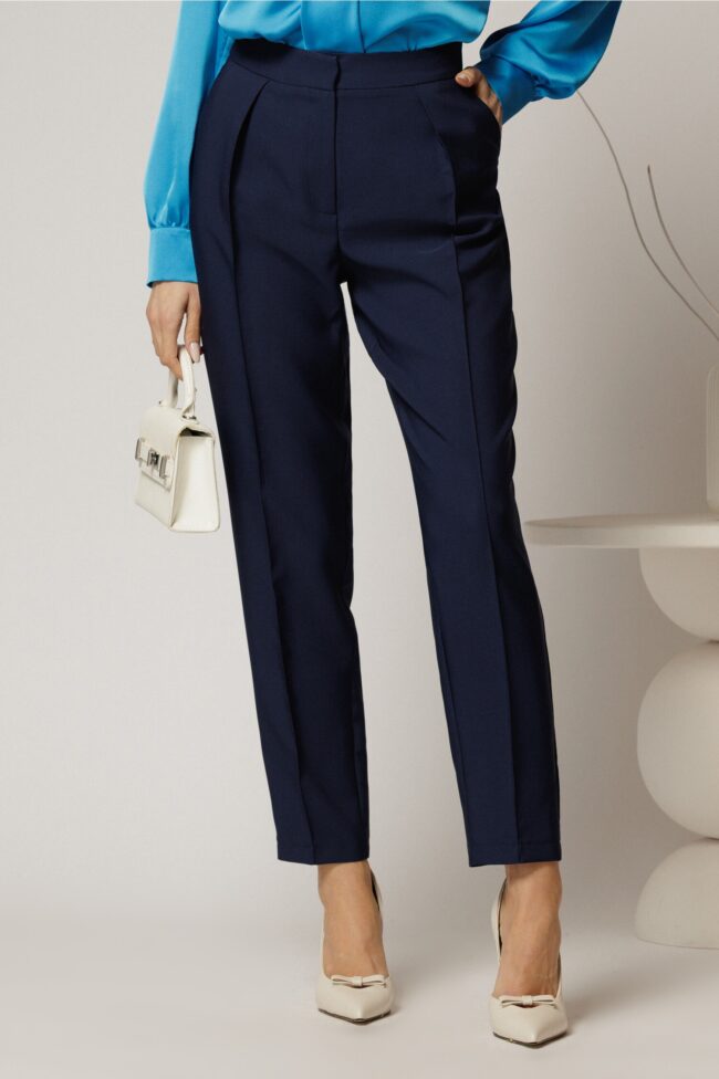 Pantaloni DY Fashion bleumarin cu pliu din talie si buzunare