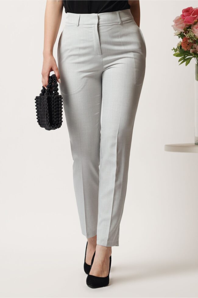 Pantaloni DY Fashion gri din stofa conici cu dunga si buzunare