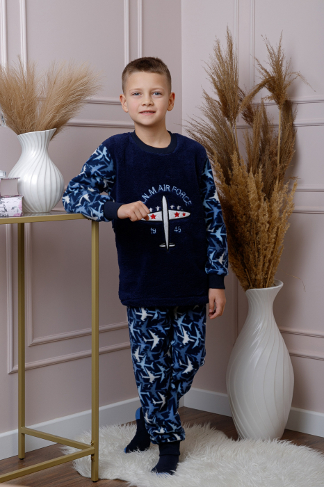 Pijama baieti Teddy din fleece bleumarin cu model avioane