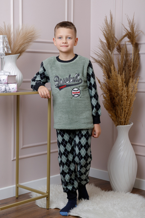 Pijama baieti Teddy din fleece verde cu model baseball