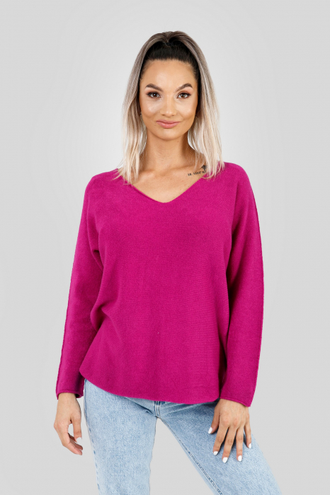 Pulover casual ciclam cu maneci liliac