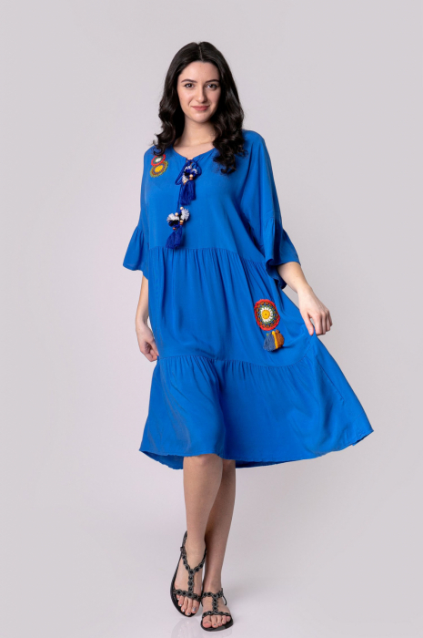 Rochie albastra boho chic cu volane si maneci largi