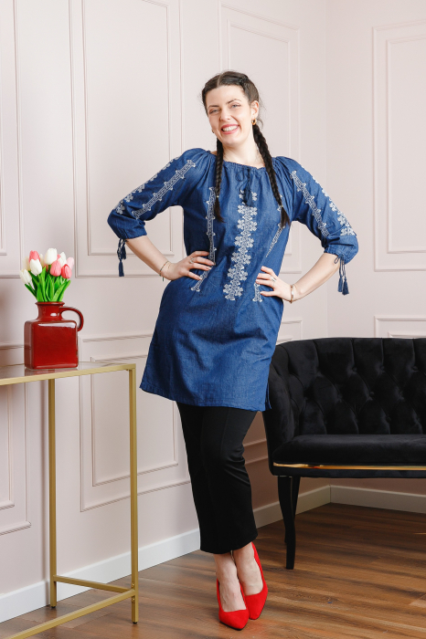 Rochie denim albastra cu motiv geometric alb Astrid