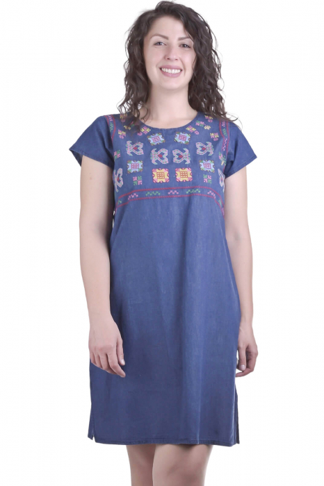 Rochie denim albastra cu motiv geometric multicolor Livia