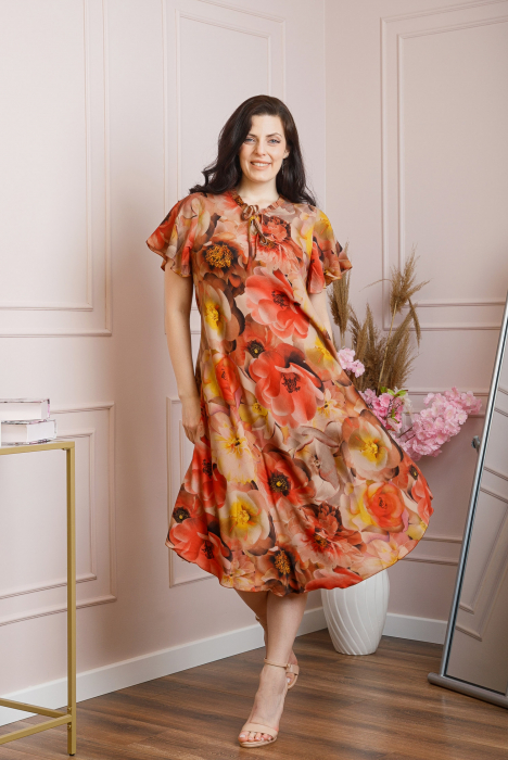 Rochie eleganta Penelope cu baza asimetrica si imprimeu floral - Orange