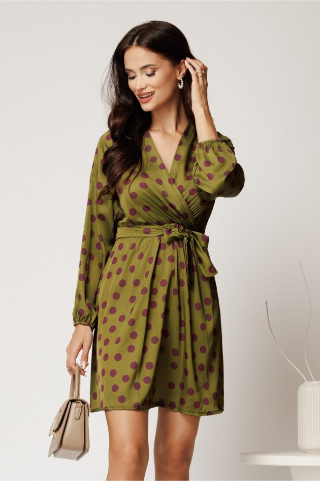 Rochie scurta kaki din satin cu buline mov si cordon in talie