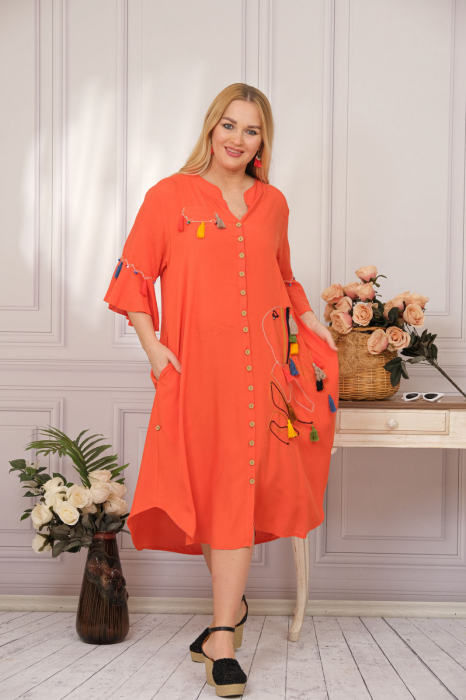 Rochie tip camasa orange boho chic cu buzunare laterale
