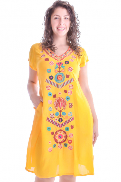 Rochie traditionala midi galbena cu motiv floral multicolor Narcisa