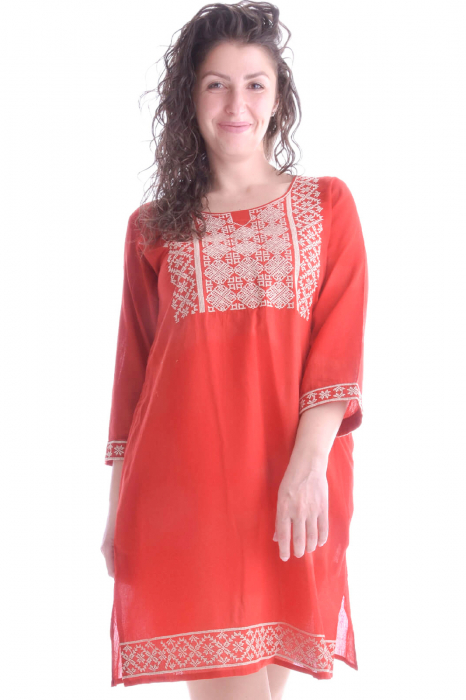 Rochie traditionala midi rosie cu motiv geometric crem Sonia
