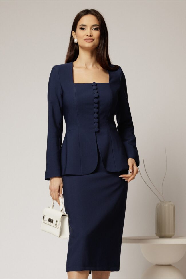 Sacou DY Fashion bleumarin cambrat cu peplum si inchidere cu nasturi