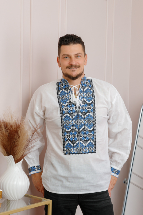 Camasa barbateasca traditionala alba cu motiv geometric albastru Rares