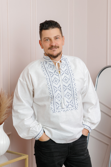 Camasa barbateasca traditionala alba cu motiv geometric argintiu Silviu 01