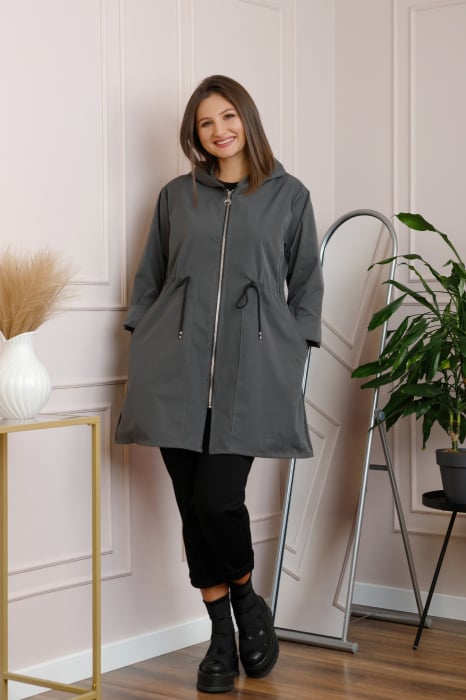 Pardesiu casual gri antracit cu talie ajustabila si gluga