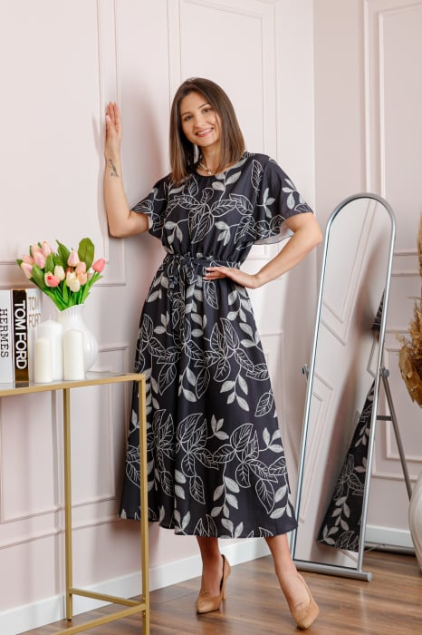 Rochie dama neagra Artemis cu imprimeu floral si cordon in talie