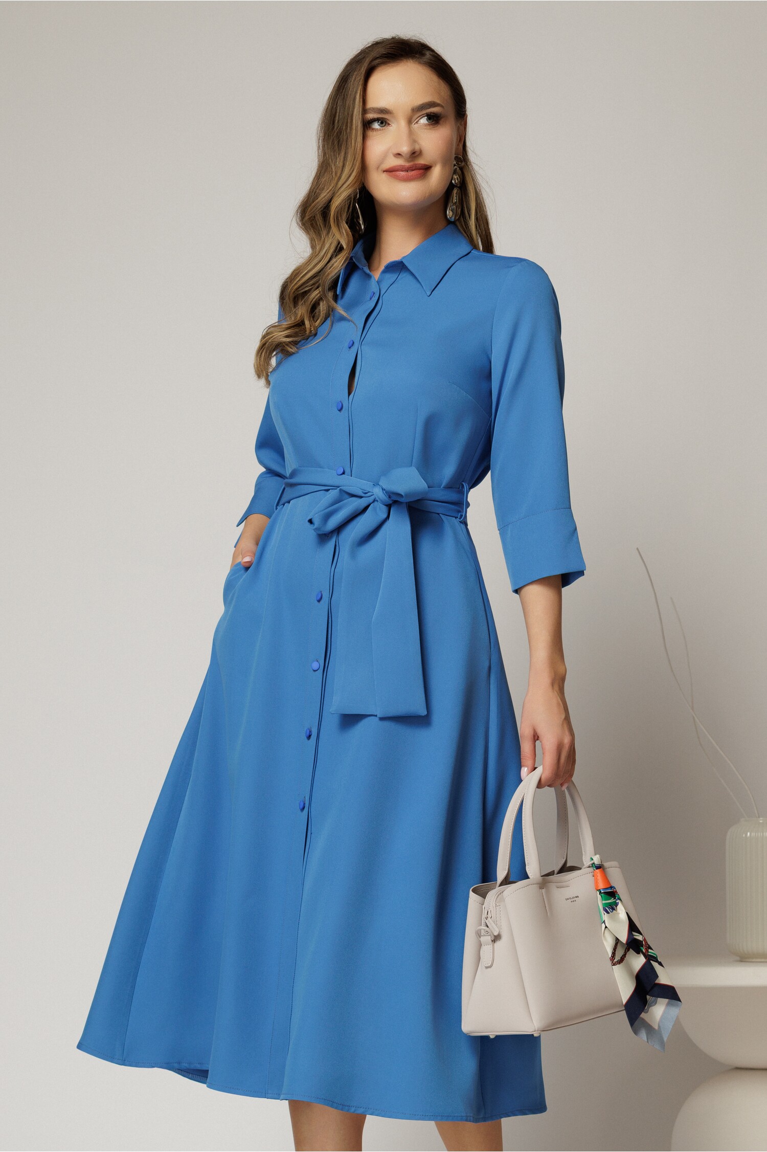 Rochie de zi midi albastra tip camasa cu cordon in talie
