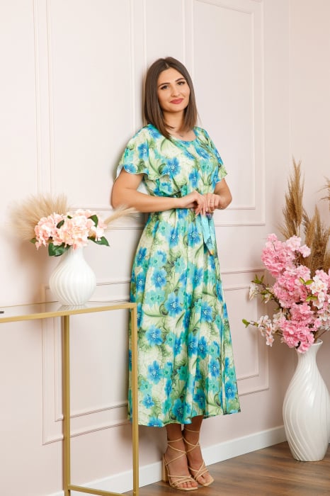 Rochie eleganta Fiorella cu imprimeuri florale - Turcoaz cu verde