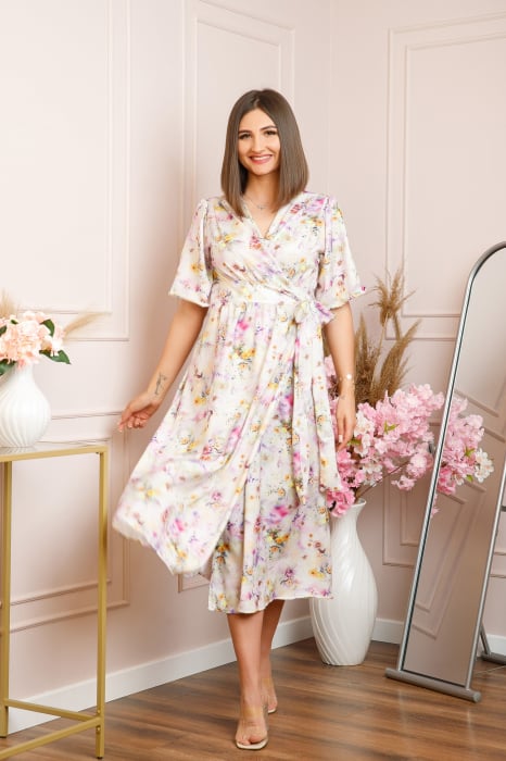 Rochie Emma petrecuta cu cordon in talie - Alb cu roz