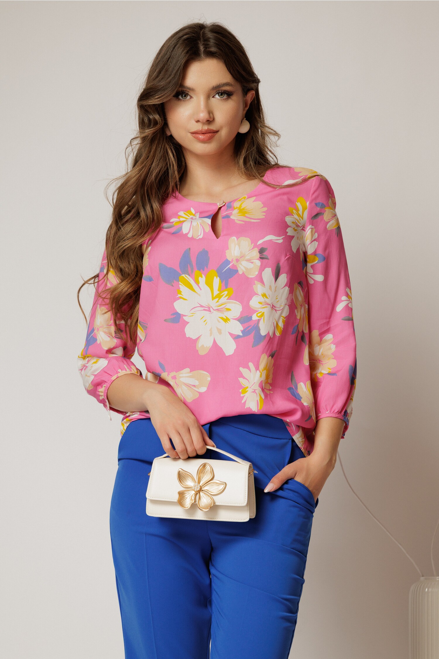 Bluza din viscoza cu imprimeu roz si galben