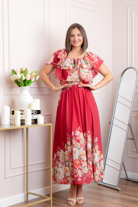 Rochie eleganta lunga Ayana cu imprimeri florale si volane ample - Grena