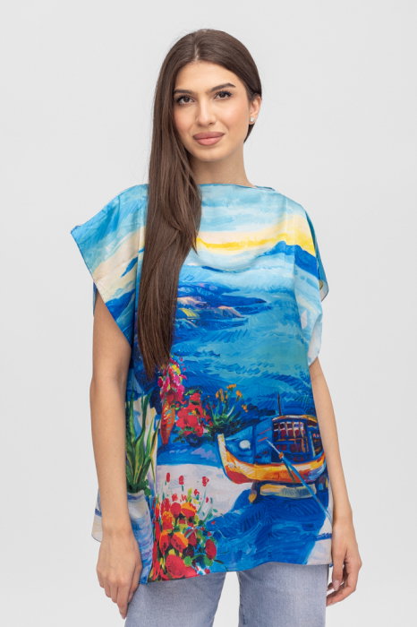 Bluza de vara tip poncho din matase cu imprimeu marin cu barca