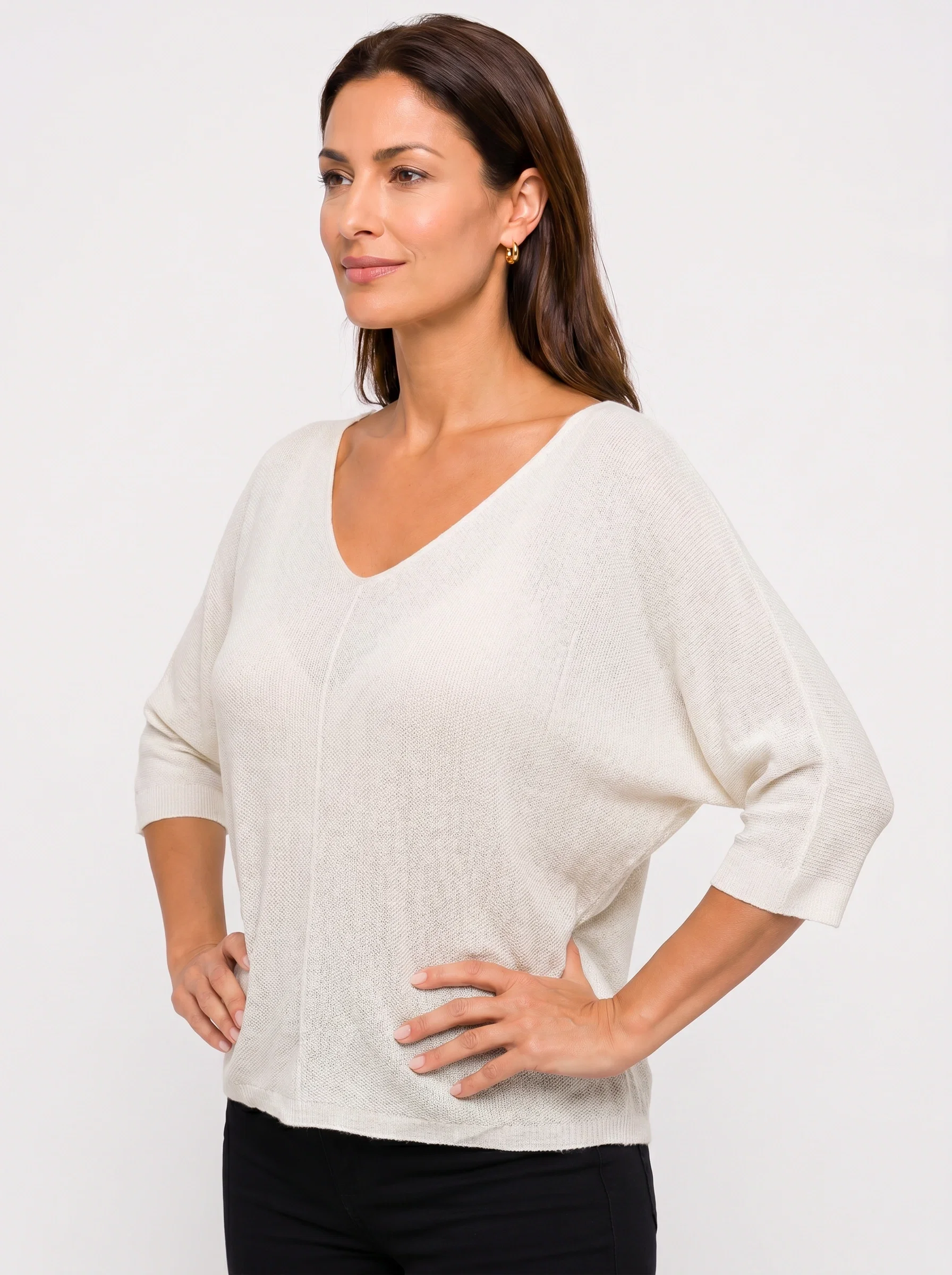Bluza fin tricotata bob de orez, cu maneca fluture 3 4, alb