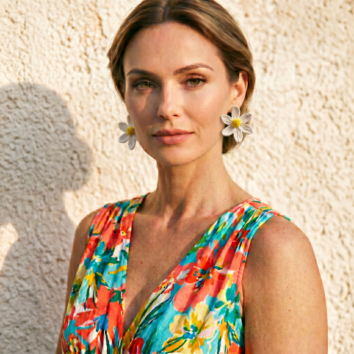 Cercei statement in forma de margareta, design floral elegant, alb-galben
