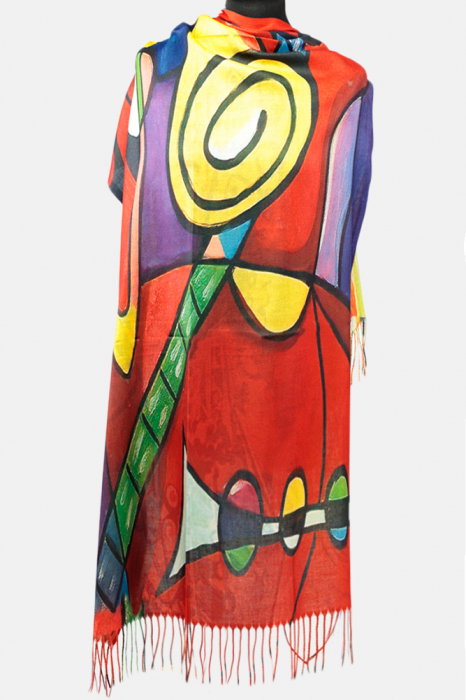 Esarfa cashmere cu doua fete imprimata cu model inspirat  colorata intens a lui Picasso