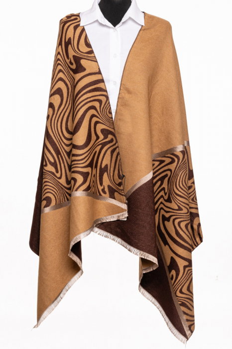 Esarfa premium cashmere cu jocuri de linii si volume, camel si maro