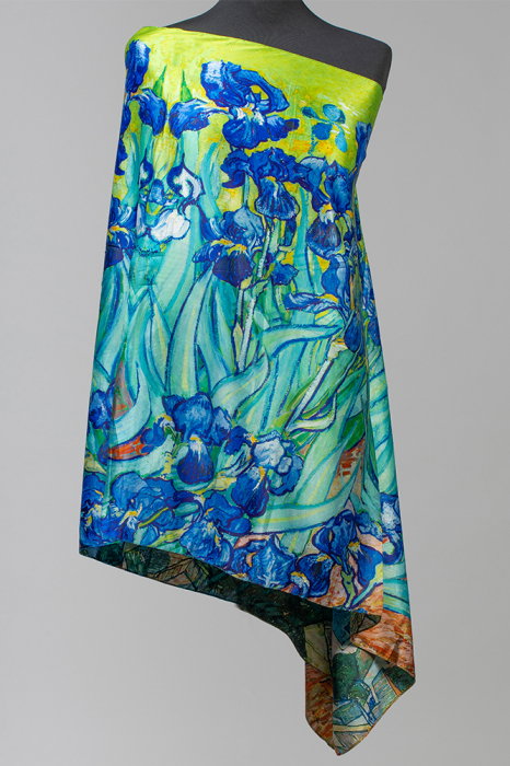Esarfa cu doua fete, din matase, imprimata cu model inspirat  dupa    Irisi    - de Van Gogh