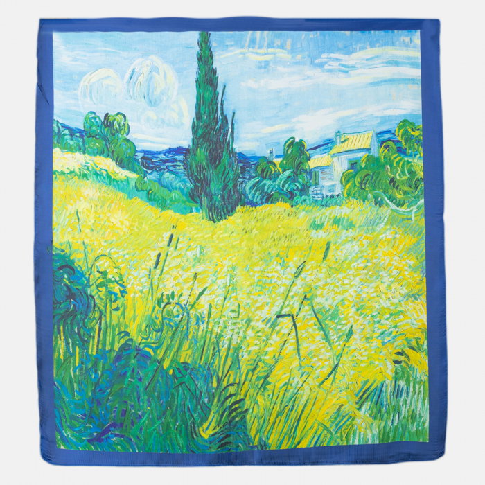 Esarfa patrata cu o singura fata imprimata cu model inspirat  dupa    Camp de grau si chiparosi   de Van Gogh
