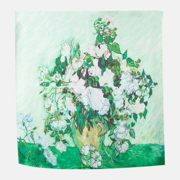 Esarfa patrata cu o singura fata imprimata cu model inspirat a dupa    Vaza cu trandafiri albi   de Van Gogh