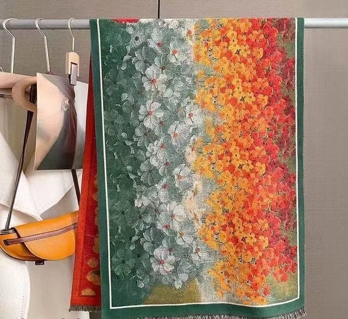 Esarfa din lana si bumbac cu imprimeu vibrant cu maci, gama de lux