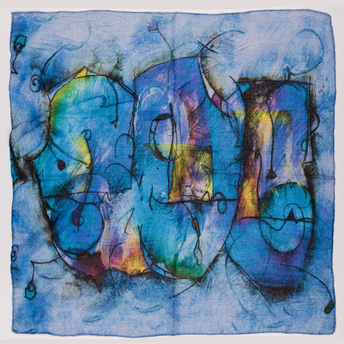 Esarfa tip batic din bumbac,  cu imprimeu grafic abstract pe fond bleu