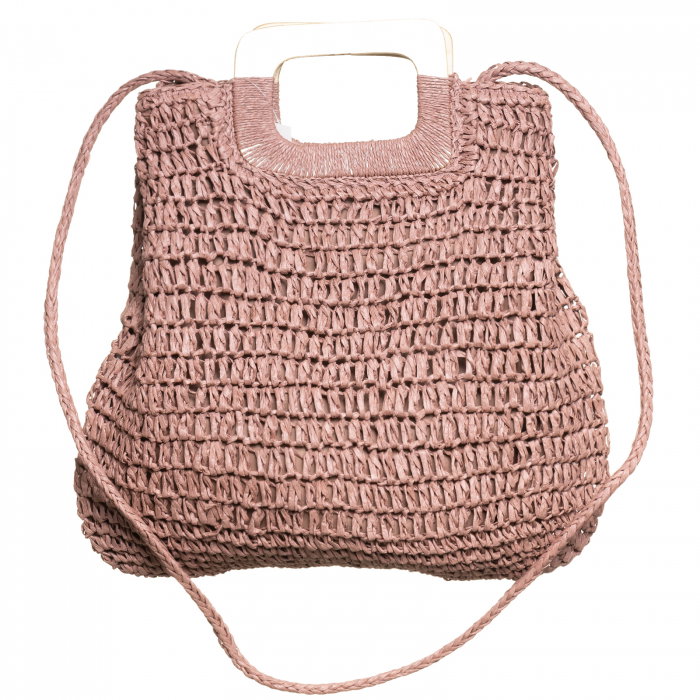 Geanta impletita crossbody, cu manere late din lemn, roz prafuit