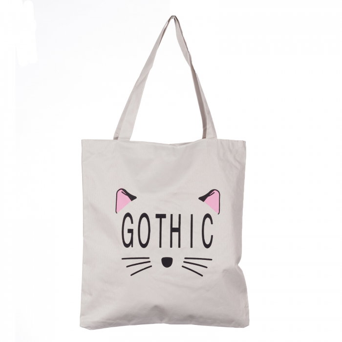 Geanta shopper alba din material textil, cu imprimeu grafic pisica Gothic